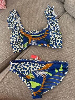 Maaji Blue Tropical Print Ruffle Bikini Set